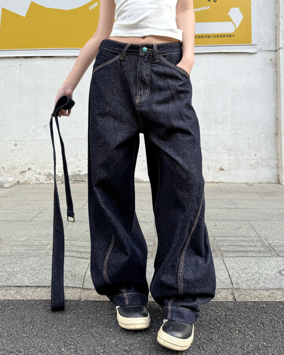STEP BLOCK MT084 Raw Indigo Contrast Stitch Baggy Jeans