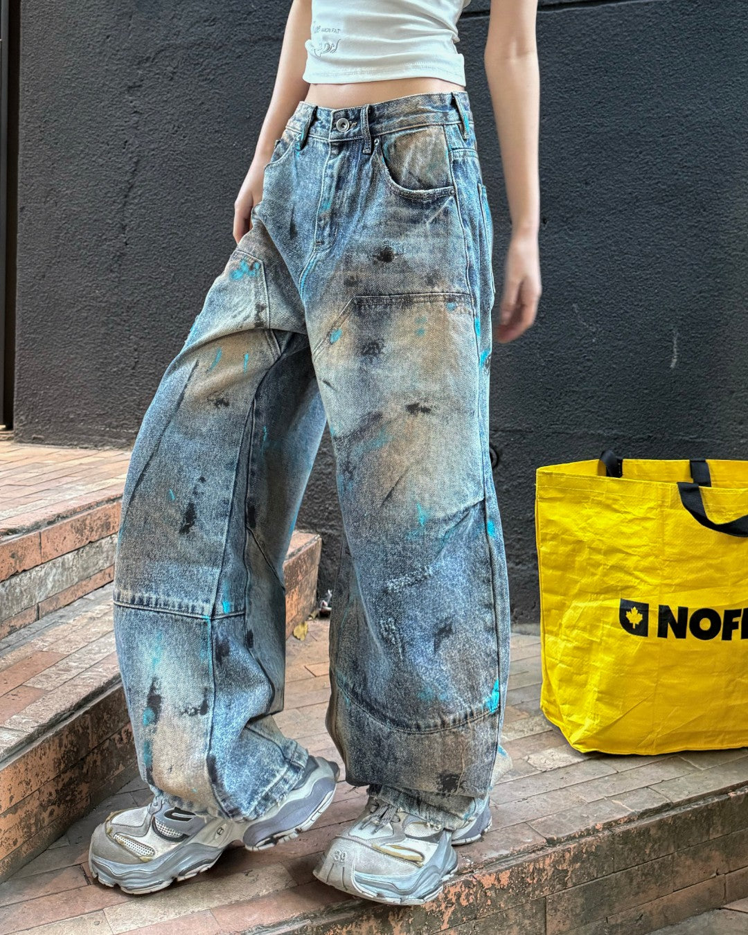 STEP BLOCK MT080 Vintage Oil-Stained Distressed Baggy Jeans