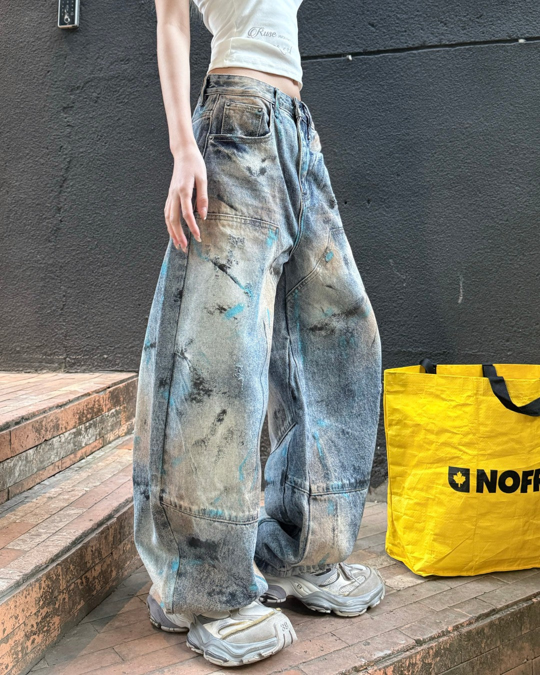 STEP BLOCK MT080 Vintage Oil-Stained Distressed Baggy Jeans