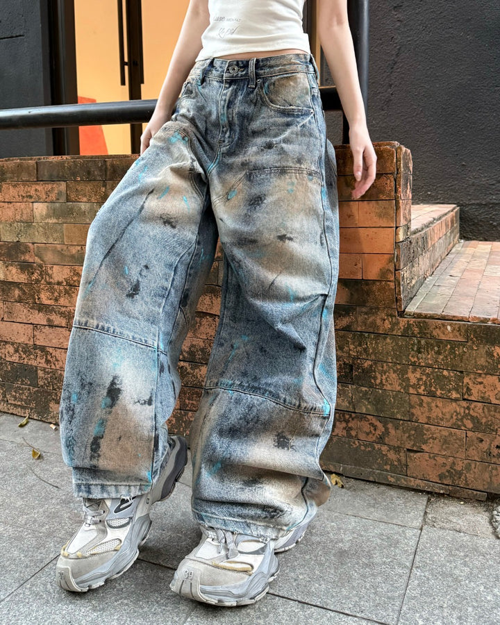 STEP BLOCK MT080 Vintage Oil-Stained Distressed Baggy Jeans