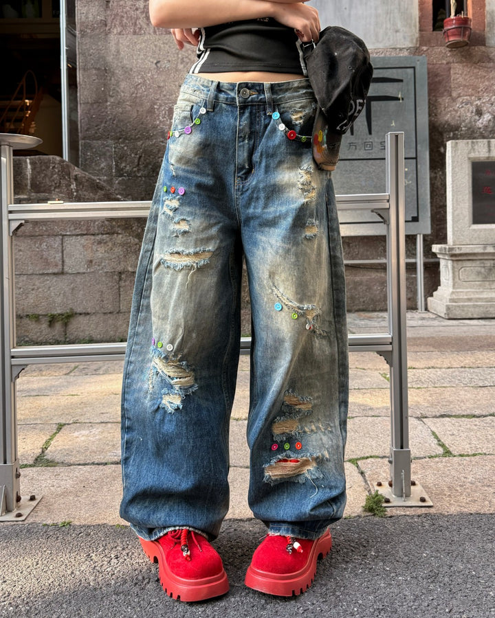 STEP BLOCK MT081 Vintage Mud-Washed Multi-Patch Baggy Jeans