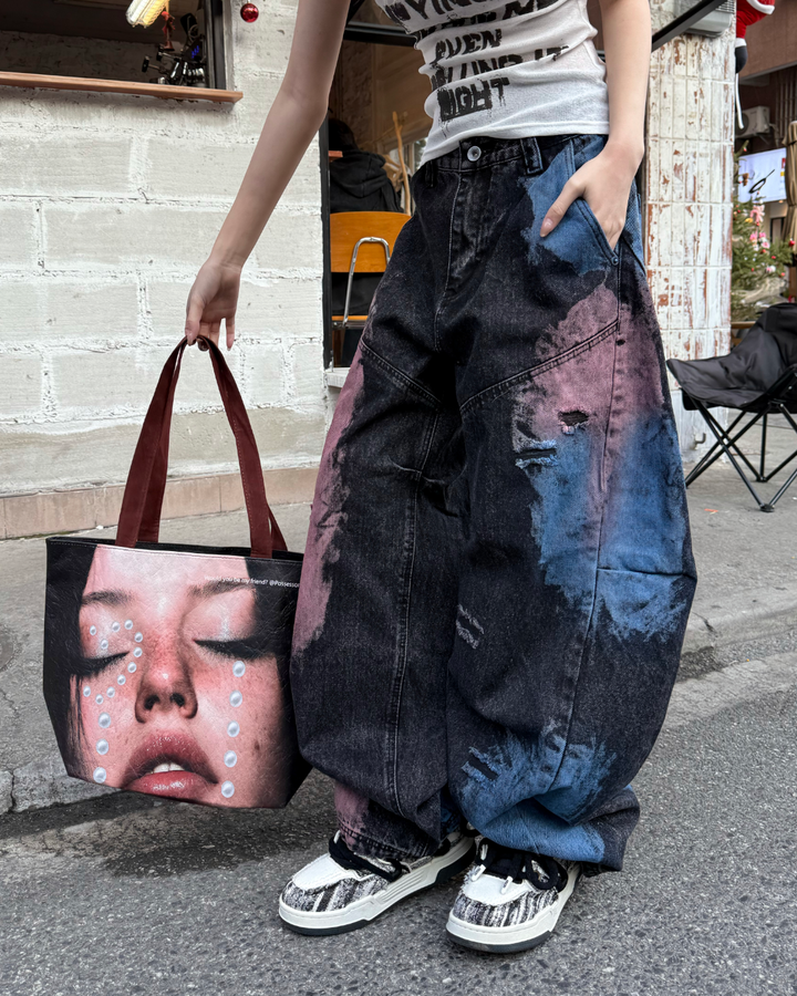 STEP BLOCK MT082 Abstract Face Print Patchwork Baggy Jeans
