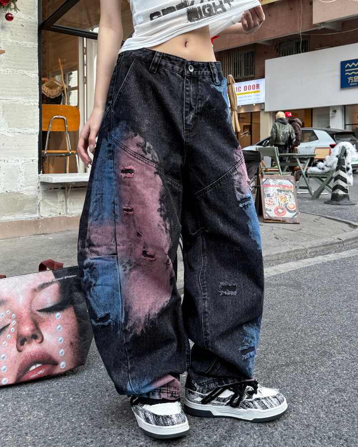 STEP BLOCK MT082 Abstract Face Print Patchwork Baggy Jeans