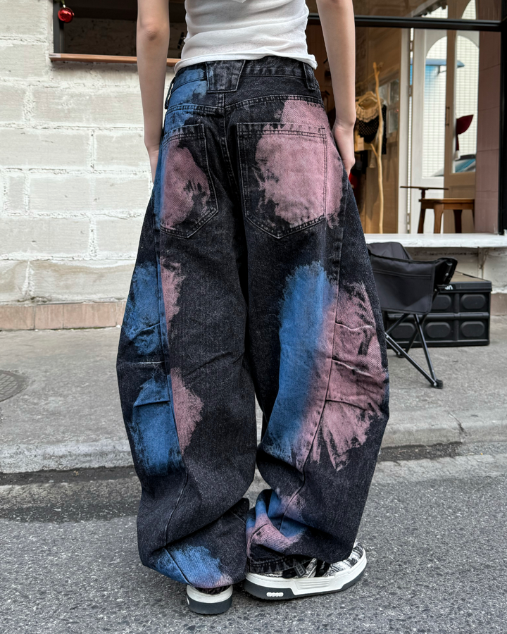 STEP BLOCK MT082 Abstract Face Print Patchwork Baggy Jeans
