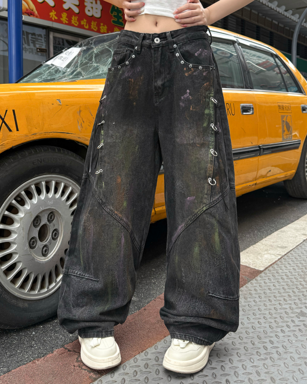 STEP BLOCK MT069 Vintage Black Wash Baggy Jeans - Distressed Denim