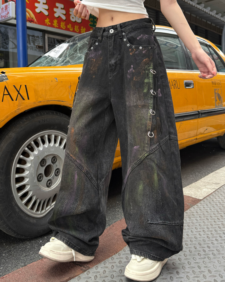 STEP BLOCK MT069 Vintage Black Wash Baggy Jeans - Distressed Denim
