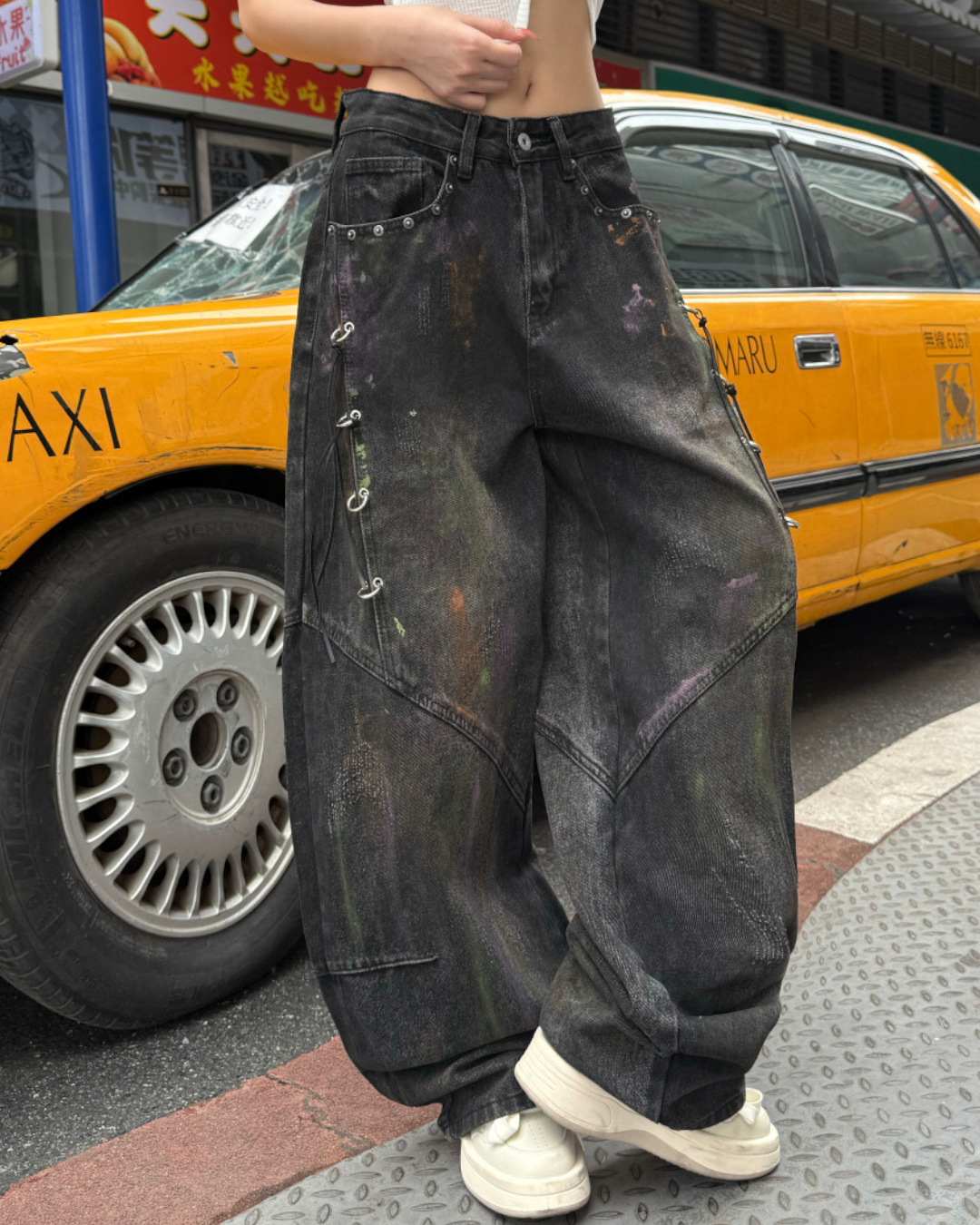 STEP BLOCK MT069 Vintage Black Wash Baggy Jeans - Distressed Denim