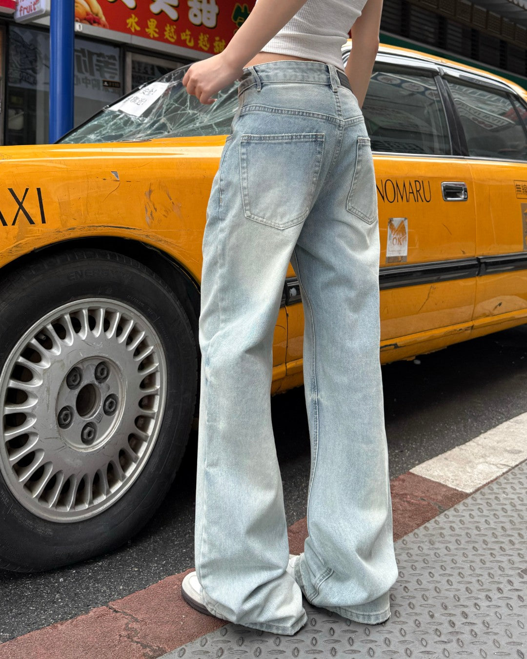 STEP BLOCK MT076 Multi-Button High Waist Baggy Jeans - Light Wash