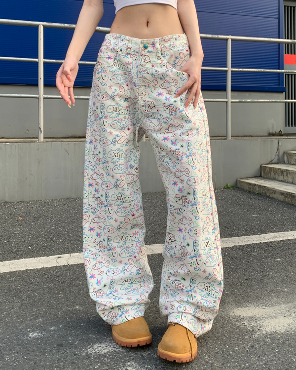 STEP BLOCK MT071 Floral Pattern Wide Leg Baggy Jeans - Streetwear