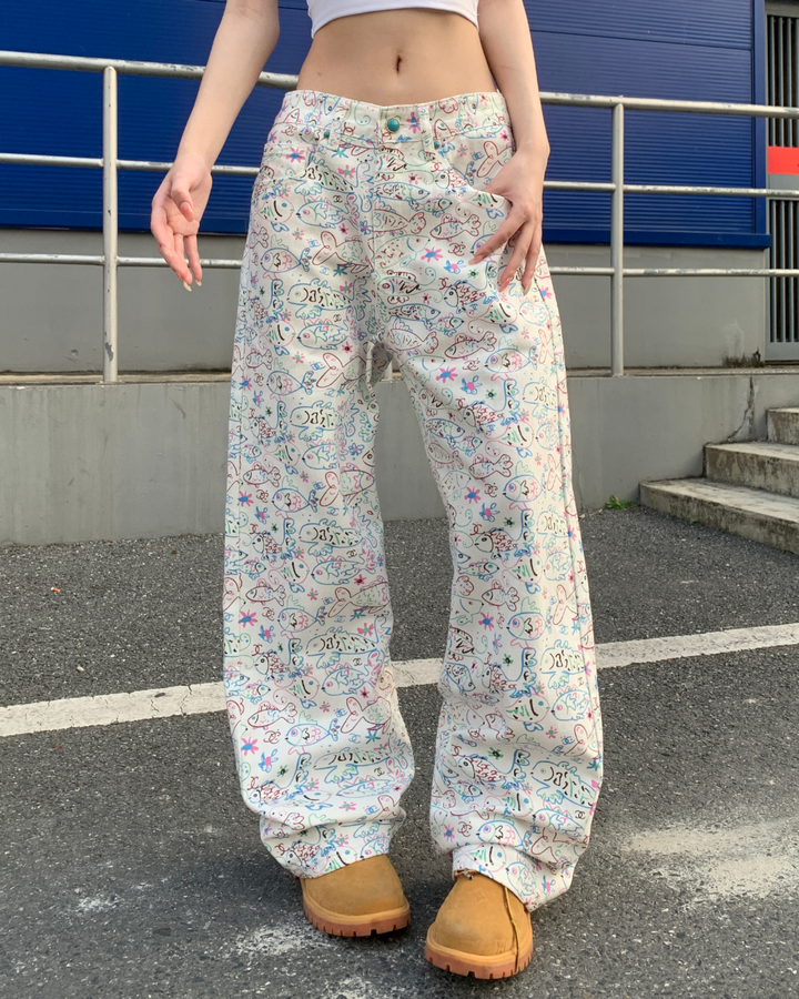 STEP BLOCK MT071 Floral Pattern Wide Leg Baggy Jeans - Streetwear