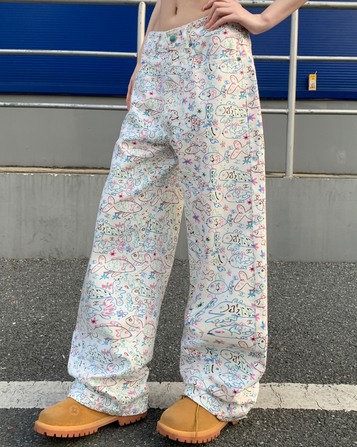 STEP BLOCK MT071 Floral Pattern Wide Leg Baggy Jeans - Streetwear
