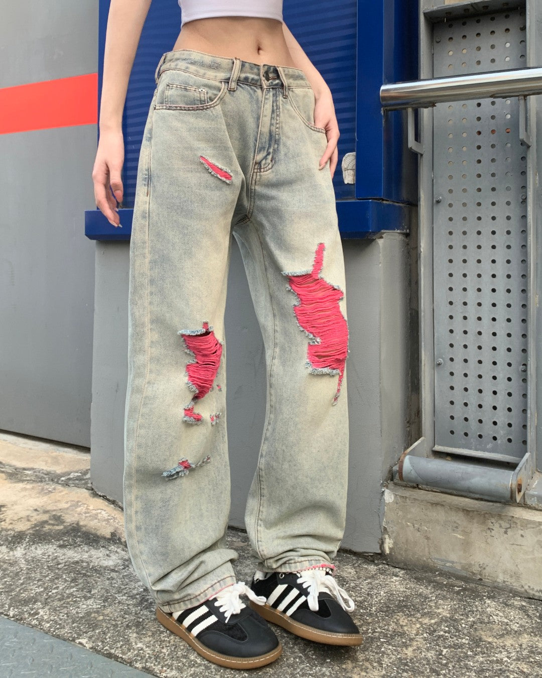 STEP BLOCK MT072 Pink Distressed Patchwork Baggy Jeans - Light Wash