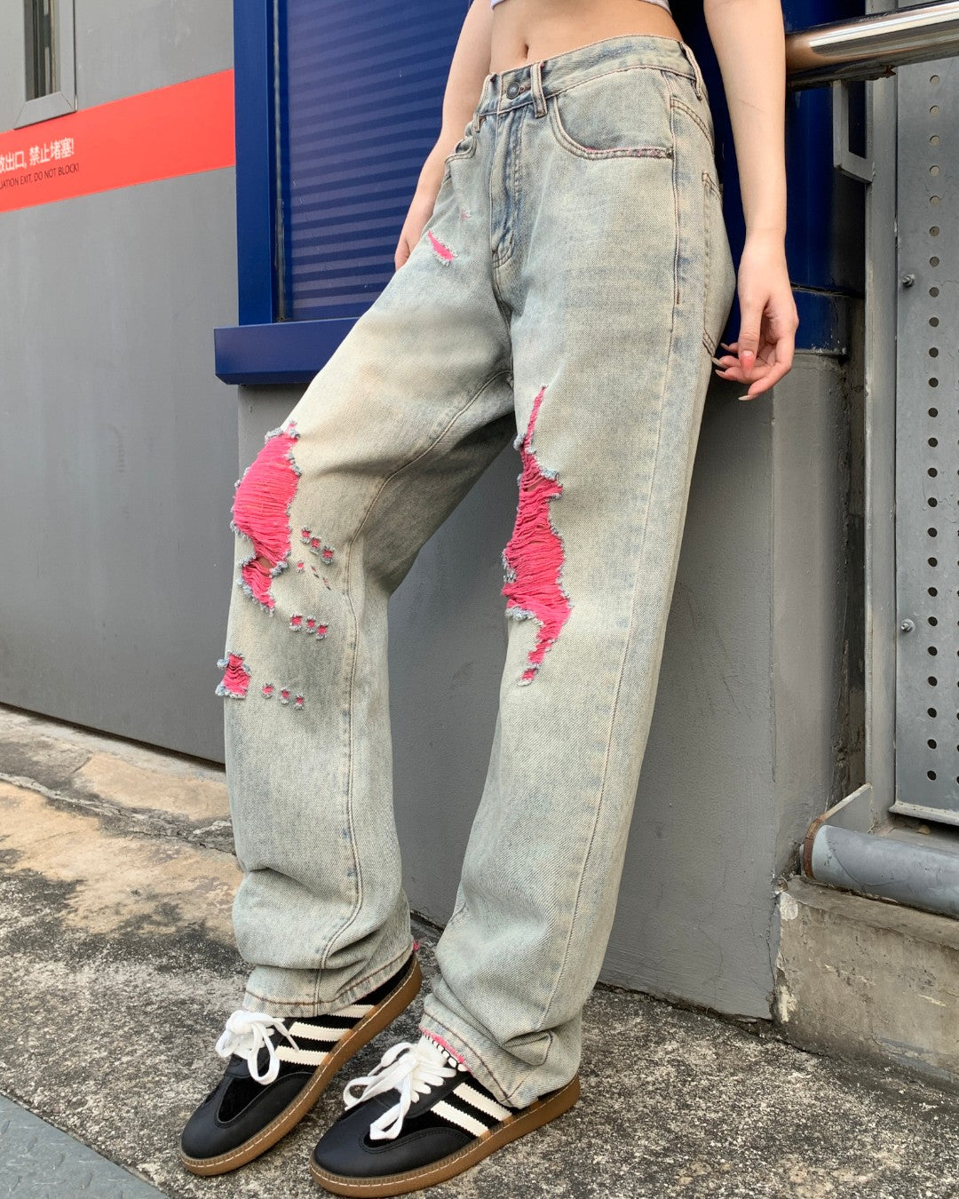 STEP BLOCK MT072 Pink Distressed Patchwork Baggy Jeans - Light Wash