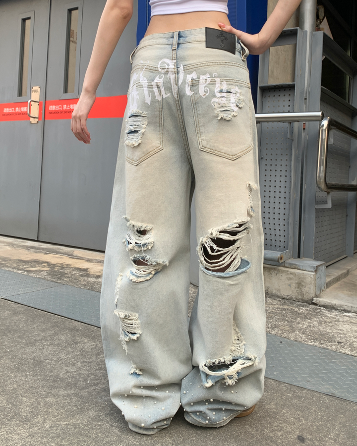 STEP BLOCK MT073 Heavy Distressed Ripped Baggy Jeans - Light Wash