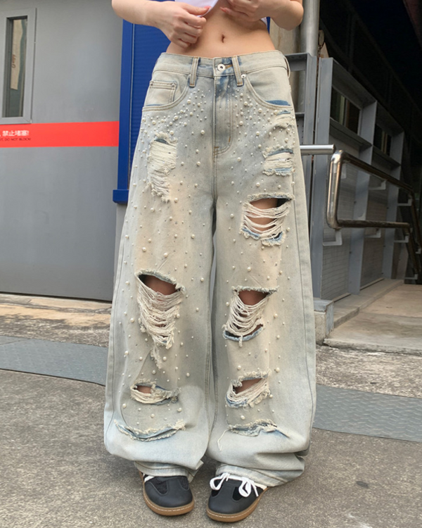 STEP BLOCK MT073 Heavy Distressed Ripped Baggy Jeans - Light Wash