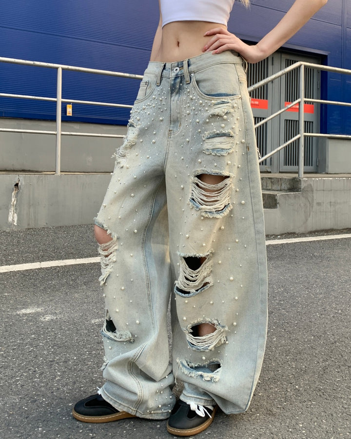 STEP BLOCK MT073 Heavy Distressed Ripped Baggy Jeans - Light Wash