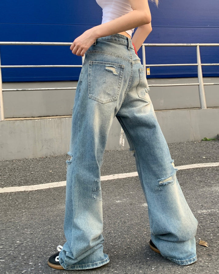 STEP BLOCK MT074 Vintage Washed Knee-Distressed Baggy Jeans