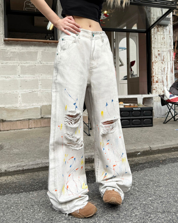 STEP BLOCK MT066 Distressed Graffiti Baggy Jeans - Off-White Denim