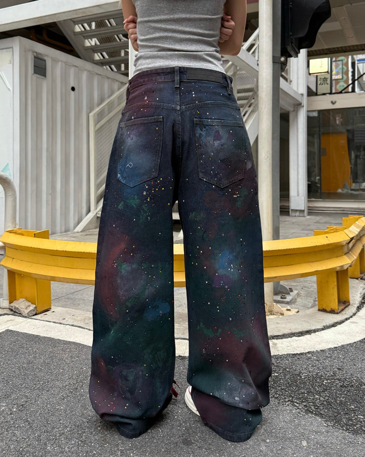 STEP BLOCK MT065 Galaxy Paint Splatter Baggy Jeans - Dark Wash