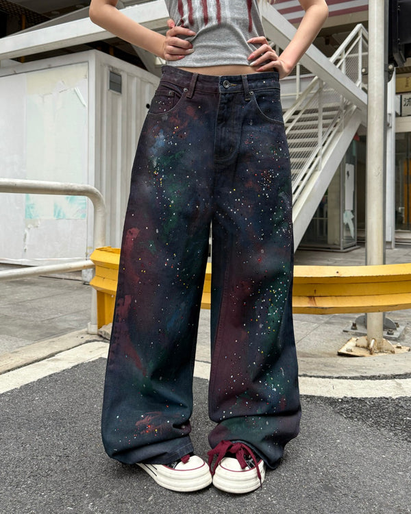 STEP BLOCK MT065 Galaxy Paint Splatter Baggy Jeans - Dark Wash