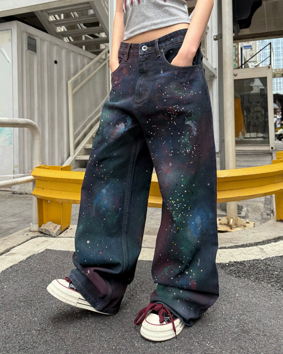 STEP BLOCK MT065 Galaxy Paint Splatter Baggy Jeans - Dark Wash