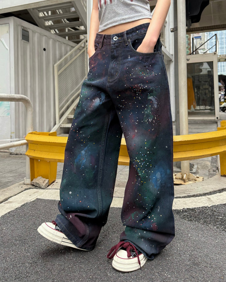STEP BLOCK MT065 Galaxy Paint Splatter Baggy Jeans - Dark Wash