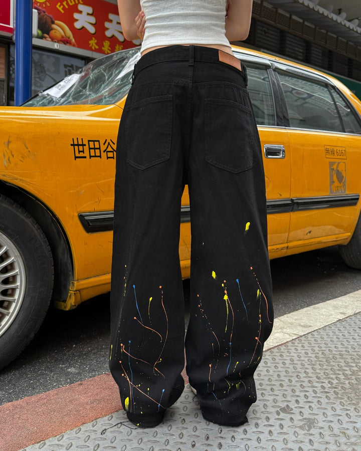 STEP BLOCK MT067 Black Graffiti Distressed Baggy Jeans - Streetwear