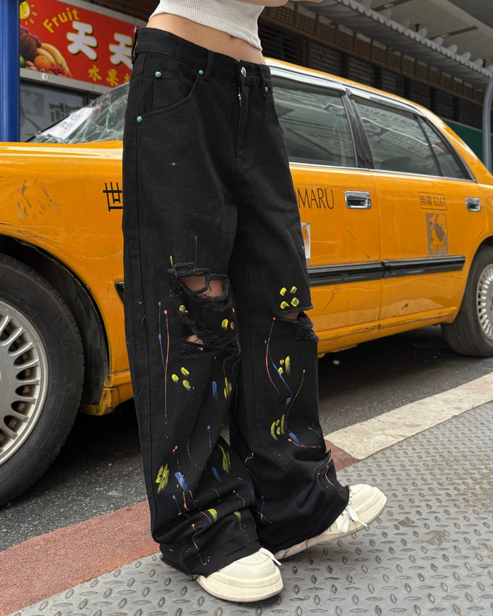STEP BLOCK MT067 Black Graffiti Distressed Baggy Jeans - Streetwear