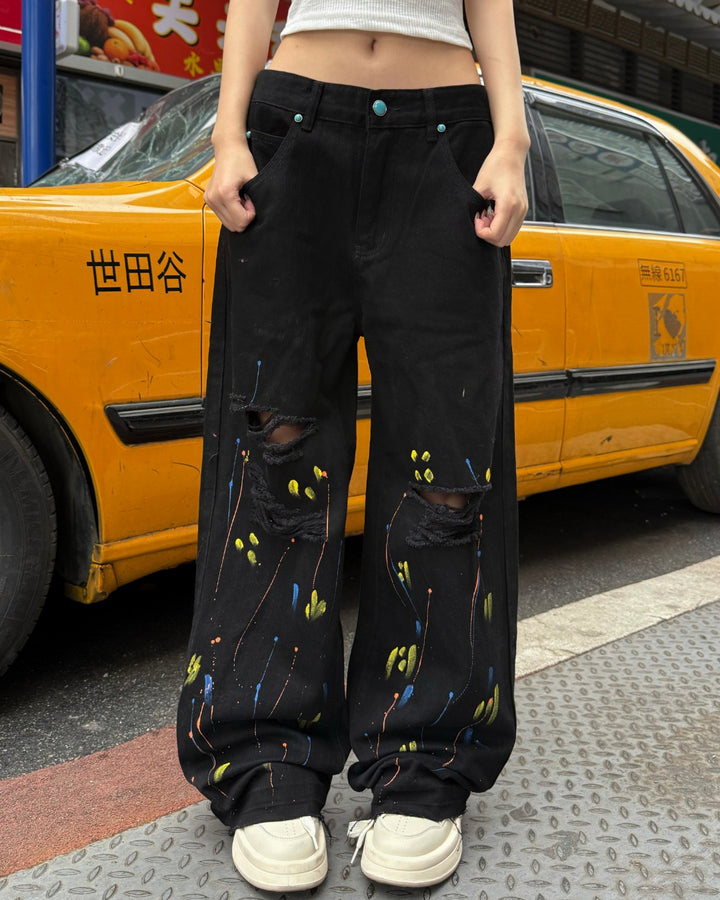 STEP BLOCK MT067 Black Graffiti Distressed Baggy Jeans - Streetwear