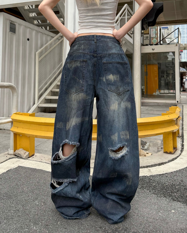 STEP BLOCK MT068 Heavy Hollow-Out Distressed Baggy Jeans