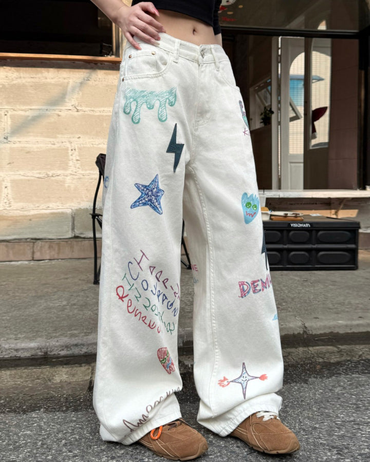 STEP BLOCK MT078 Graffiti Patchwork Baggy Jeans - Aesthetic Streetwear