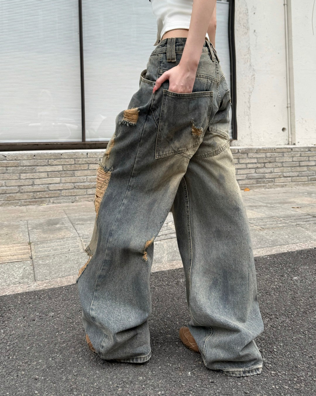 STEP BLOCK MT063 Dirty Washed Distressed Baggy Jeans - Grunge Style