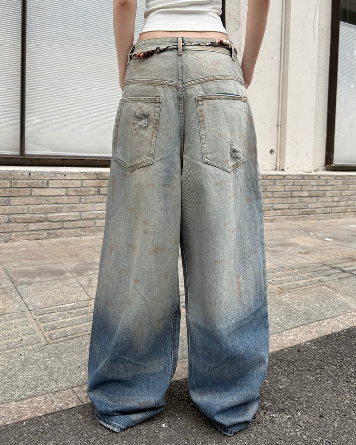 STEP BLOCK MT062 Gradient Distressed Baggy Jeans - Vintage Blue