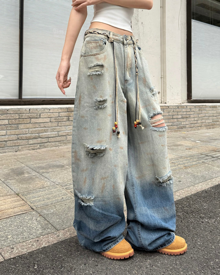 STEP BLOCK MT062 Gradient Distressed Baggy Jeans - Vintage Blue