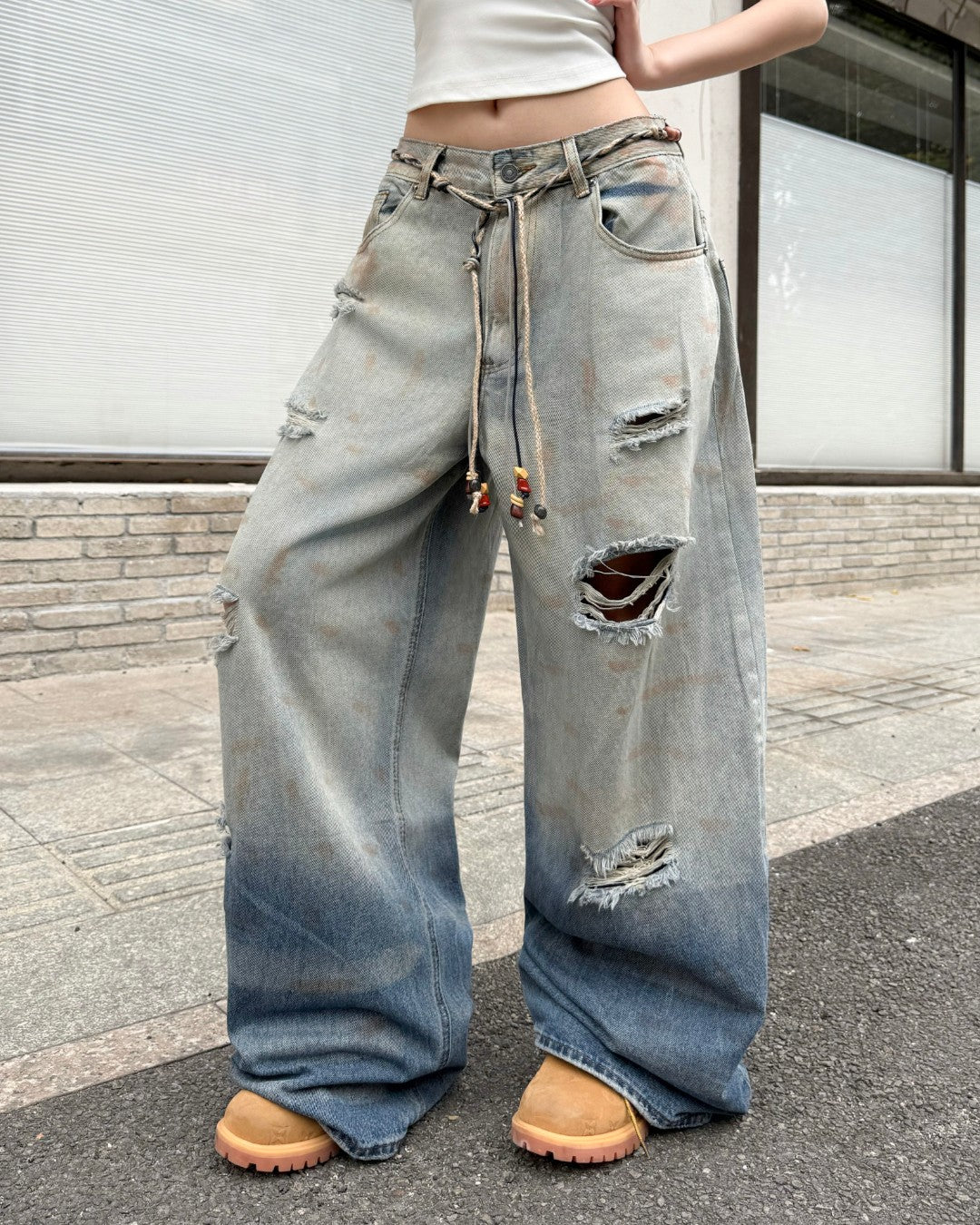 STEP BLOCK MT062 Gradient Distressed Baggy Jeans - Vintage Blue