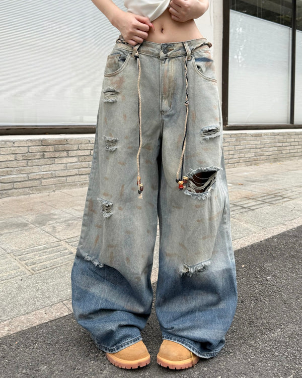STEP BLOCK MT062 Gradient Distressed Baggy Jeans - Vintage Blue