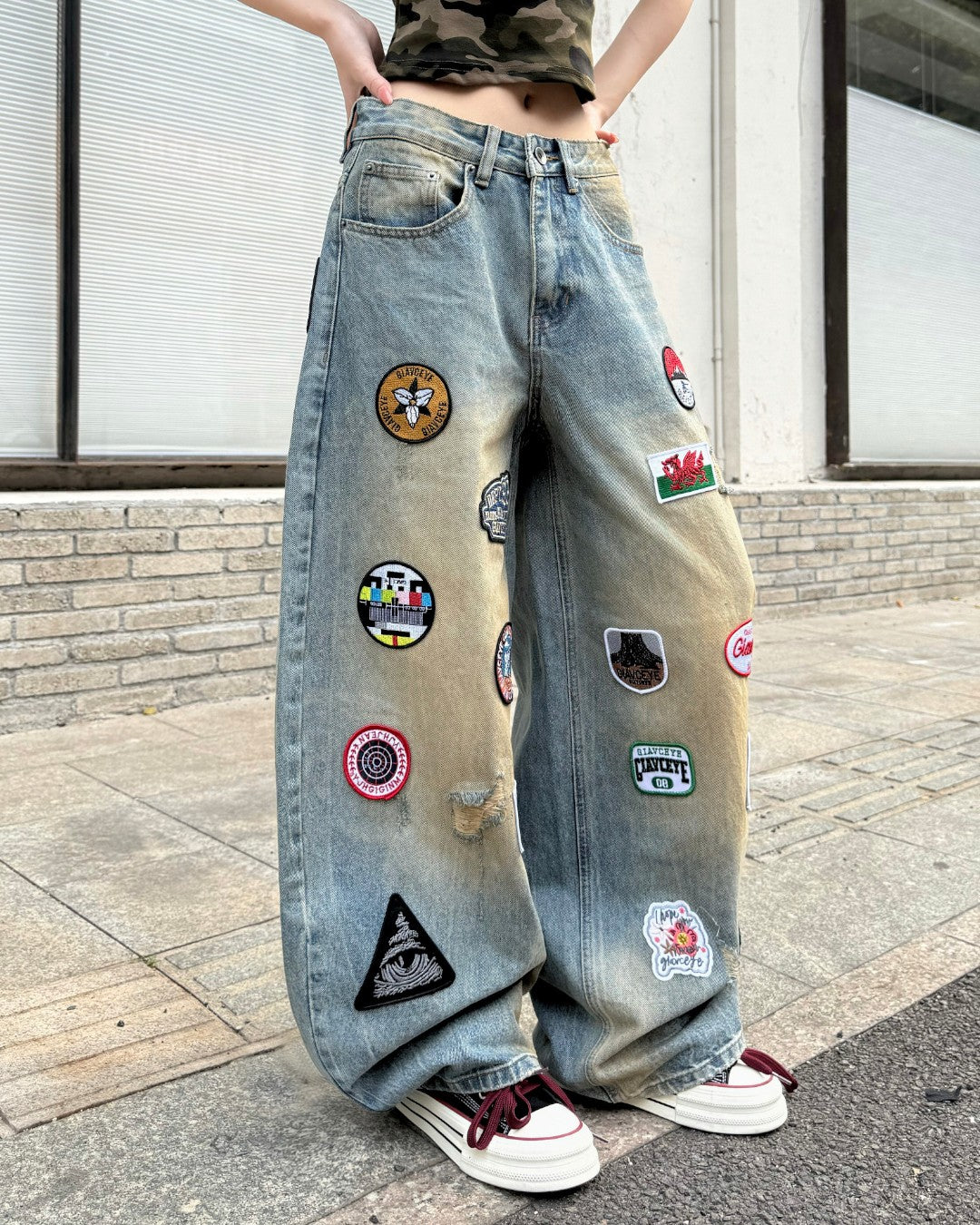STEP BLOCK MT061 Multi-Badge Patchwork Baggy Jeans - Washed Denim