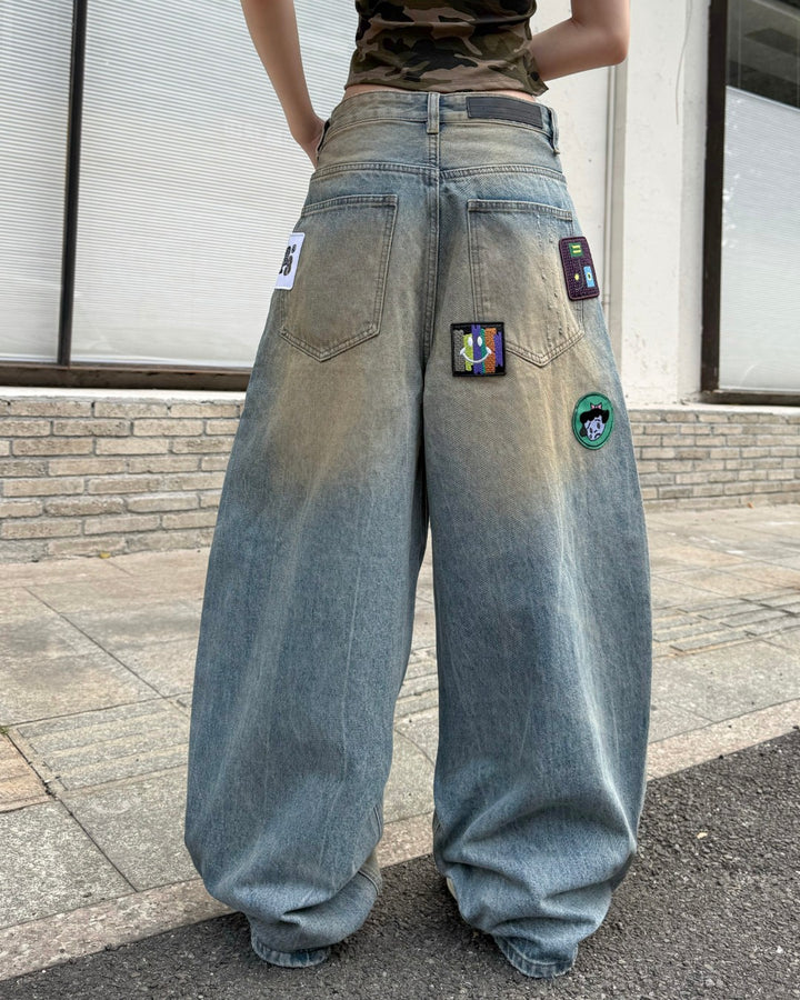 STEP BLOCK MT061 Multi-Badge Patchwork Baggy Jeans - Washed Denim