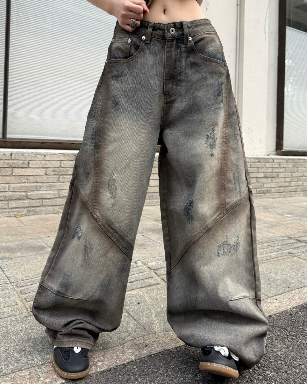STEP BLOCK MT060 Vintage Washed Grunge Baggy Jeans - Earth Tone