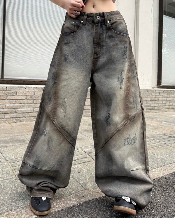 STEP BLOCK MT060 Vintage Washed Grunge Baggy Jeans - Earth Tone