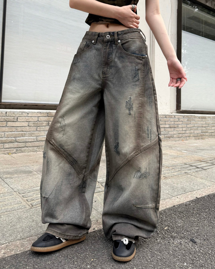 STEP BLOCK MT060 Vintage Washed Grunge Baggy Jeans - Earth Tone