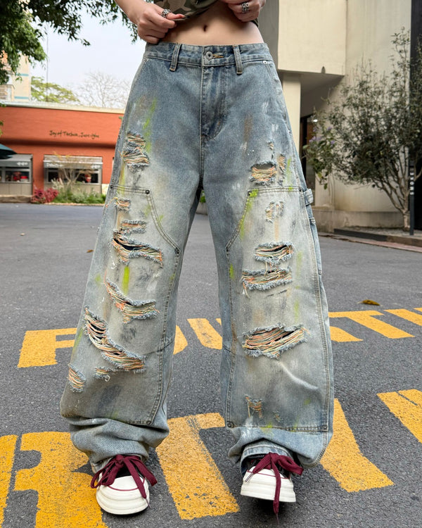 STEP BLOCK MT058 Distressed Baggy Jeans - Vintage Washed Denim with Paint Splatter