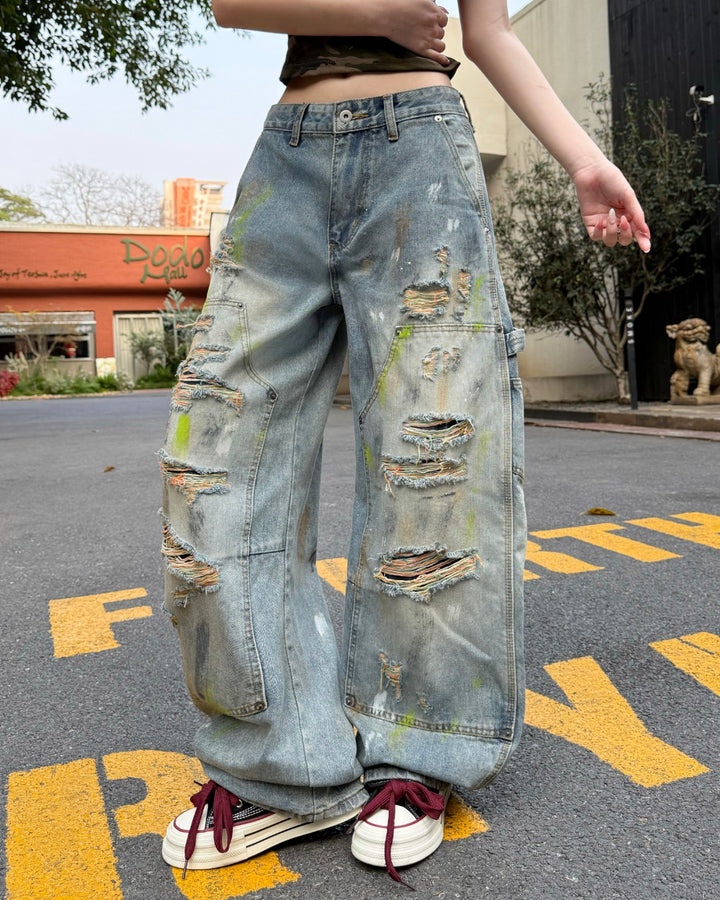 STEP BLOCK MT058 Distressed Baggy Jeans - Vintage Washed Denim with Paint Splatter