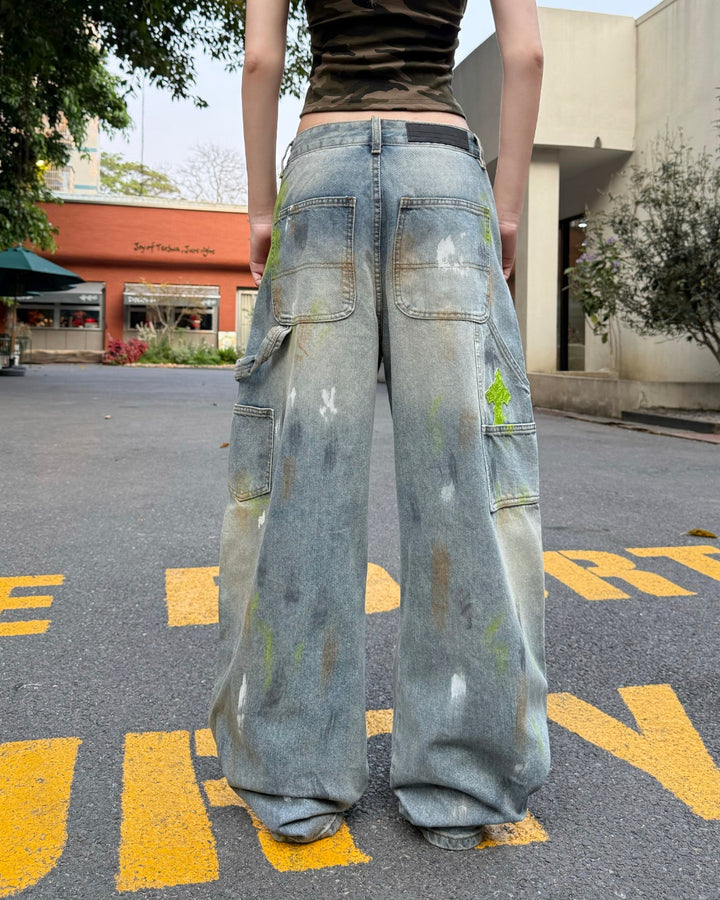 STEP BLOCK MT058 Distressed Baggy Jeans - Vintage Washed Denim with Paint Splatter