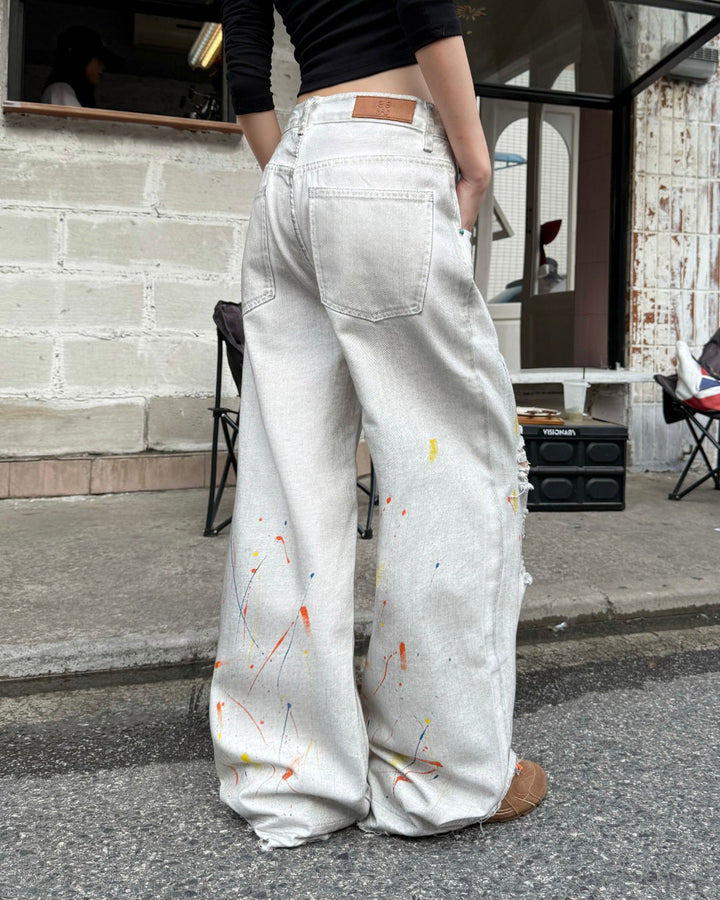 STEP BLOCK MT066 Distressed Graffiti Baggy Jeans - Off-White Denim