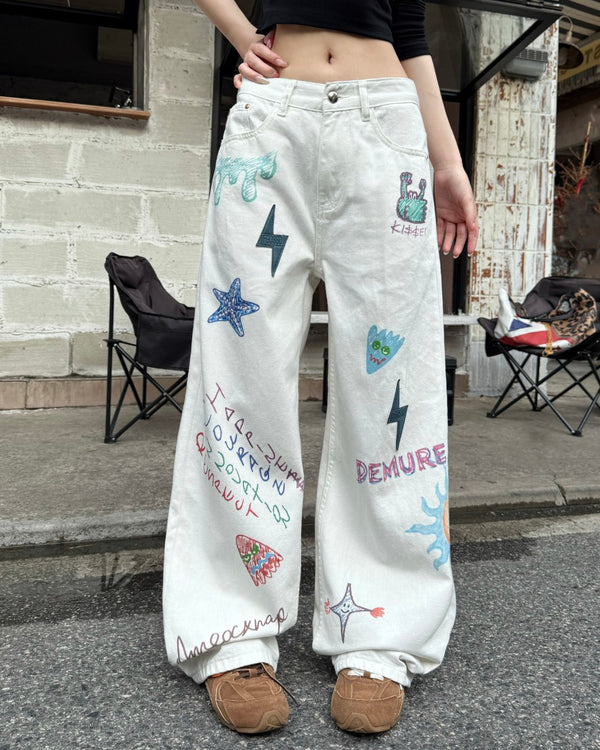 STEP BLOCK MT078 Graffiti Patchwork Baggy Jeans - Aesthetic Streetwear