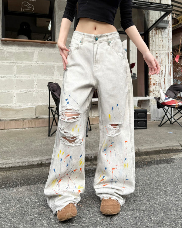STEP BLOCK MT066 Distressed Graffiti Baggy Jeans - Off-White Denim