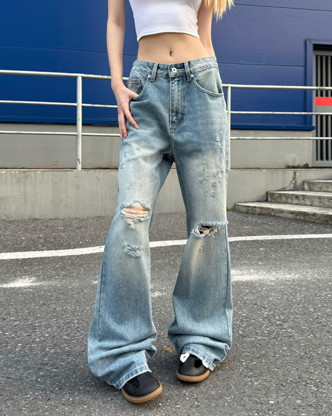 STEP BLOCK MT074 Vintage Washed Knee-Distressed Baggy Jeans