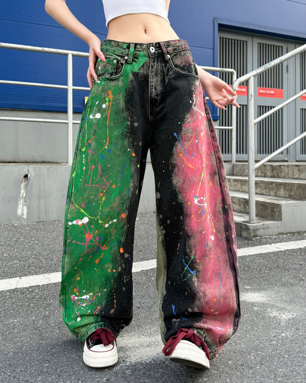 STEP BLOCK MT077 Contrast Split Paint Splatter Baggy Jeans