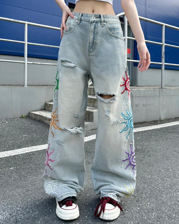 STEP BLOCK MT075 Colorful Star Embroidery Baggy Jeans - Light Wash